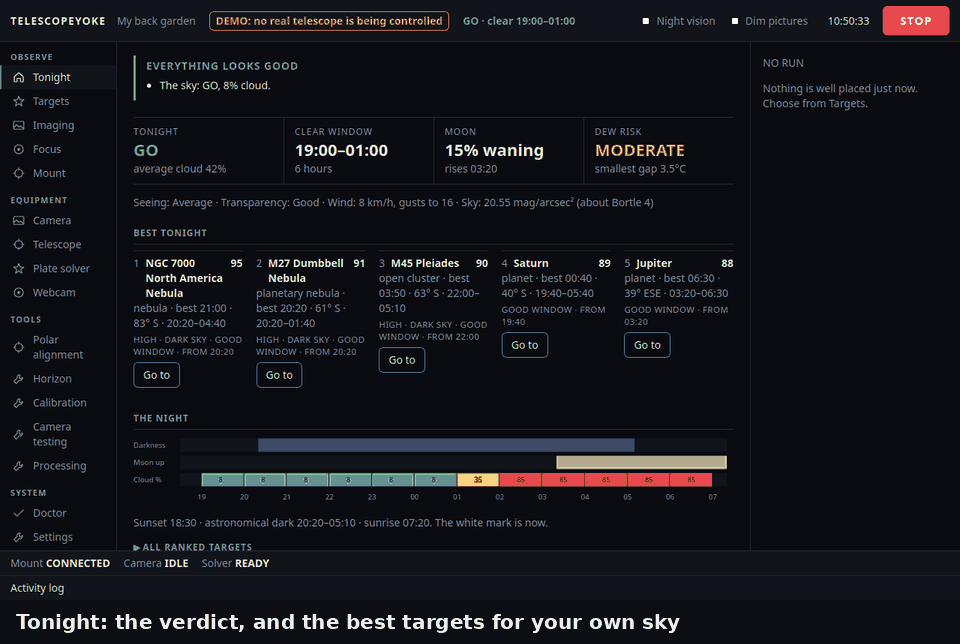A minute and a half of the demo: tonight's report, a target picked, a GoTo shown as a plan and then centred by plate solving, focusing, and an imaging run with cloud coming over